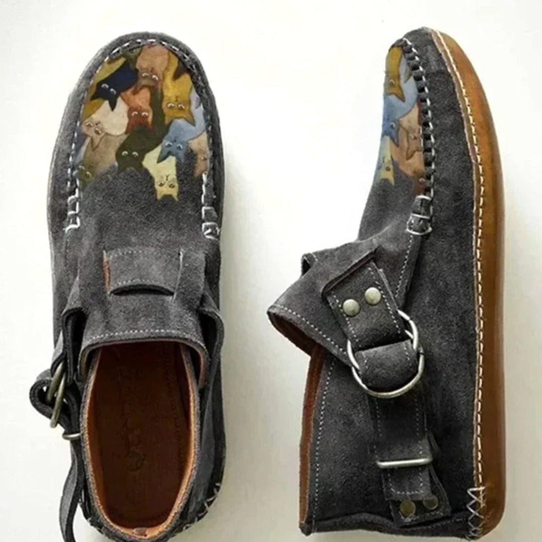 Women's Cat Print Buckle Flat Slip-On Shoes - Gray