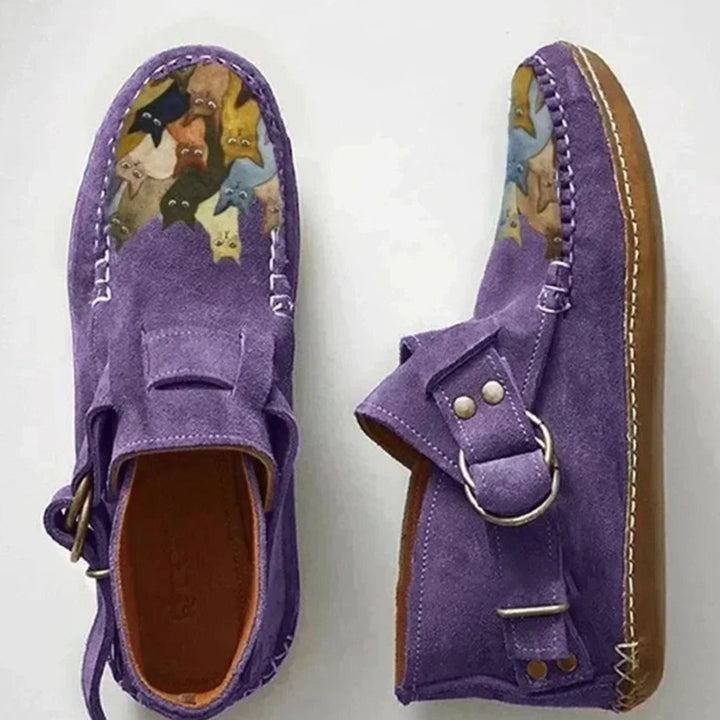 Women's Cat Print Buckle Flat Slip-On Shoes - Purple