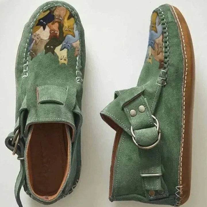 Women's Cat Print Buckle Flat Slip-On Shoes - Green