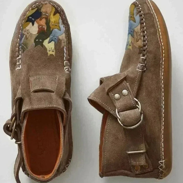 Women's Cat Print Buckle Flat Slip-On Shoes - Khaki