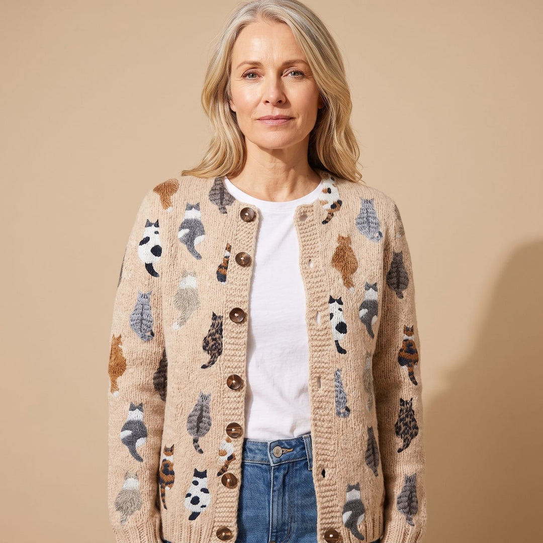 Women's Cat Print Button-Front Knit Cardigan Relaxed Fit - Beige Cardigan