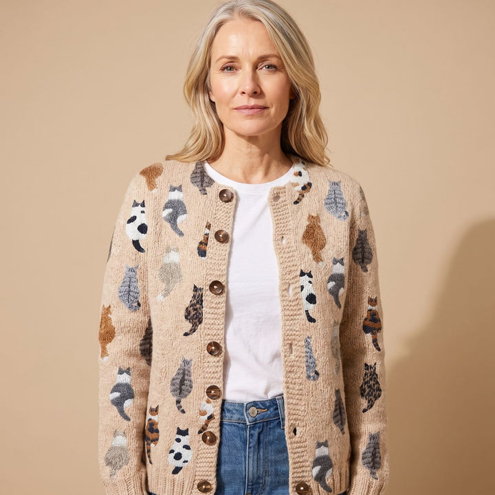 Women's Cat Print Button-Front Knit Cardigan Relaxed Fit - Beige Cardigan