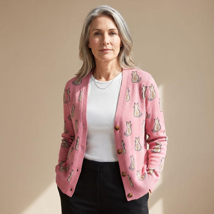Women's Cat Print Button-Front Knit Cardigan Relaxed Fit - Pink Cardigan