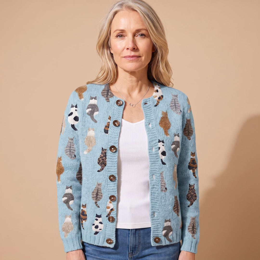 Women's Cat Print Button-Front Knit Cardigan Relaxed Fit - Blue Cardigan