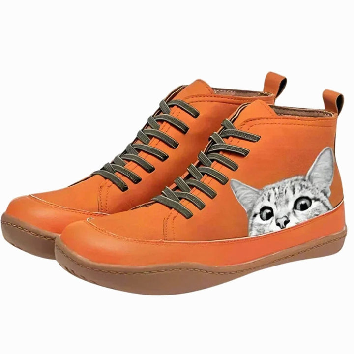 Women's Cat-Print Lace-Up Leather Ankle Boots - Orange
