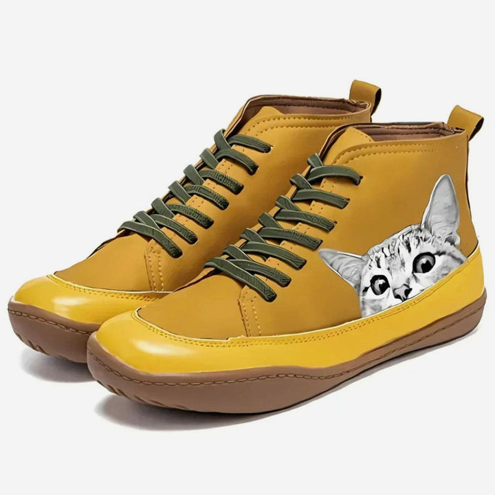 Women's Cat-Print Lace-Up Leather Ankle Boots - Yellow
