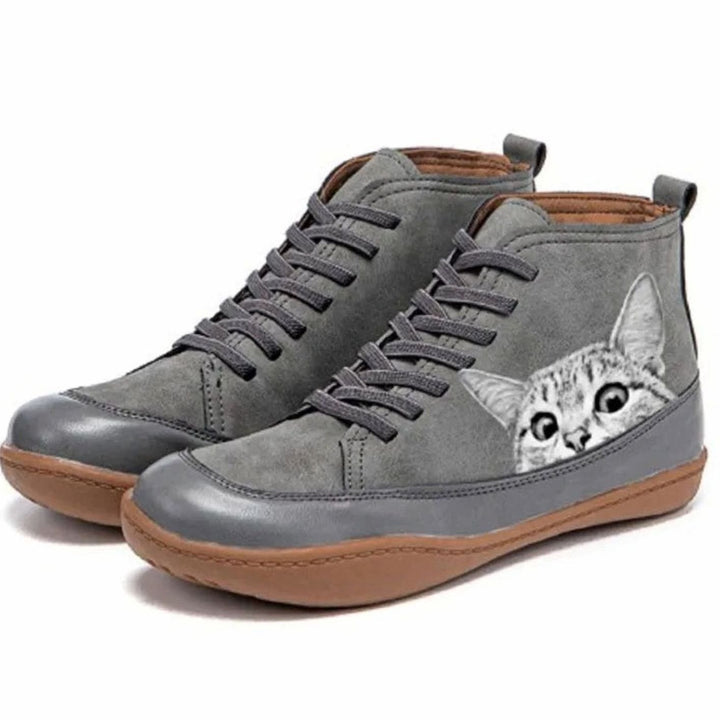 Women's Cat-Print Lace-Up Leather Ankle Boots - Gray