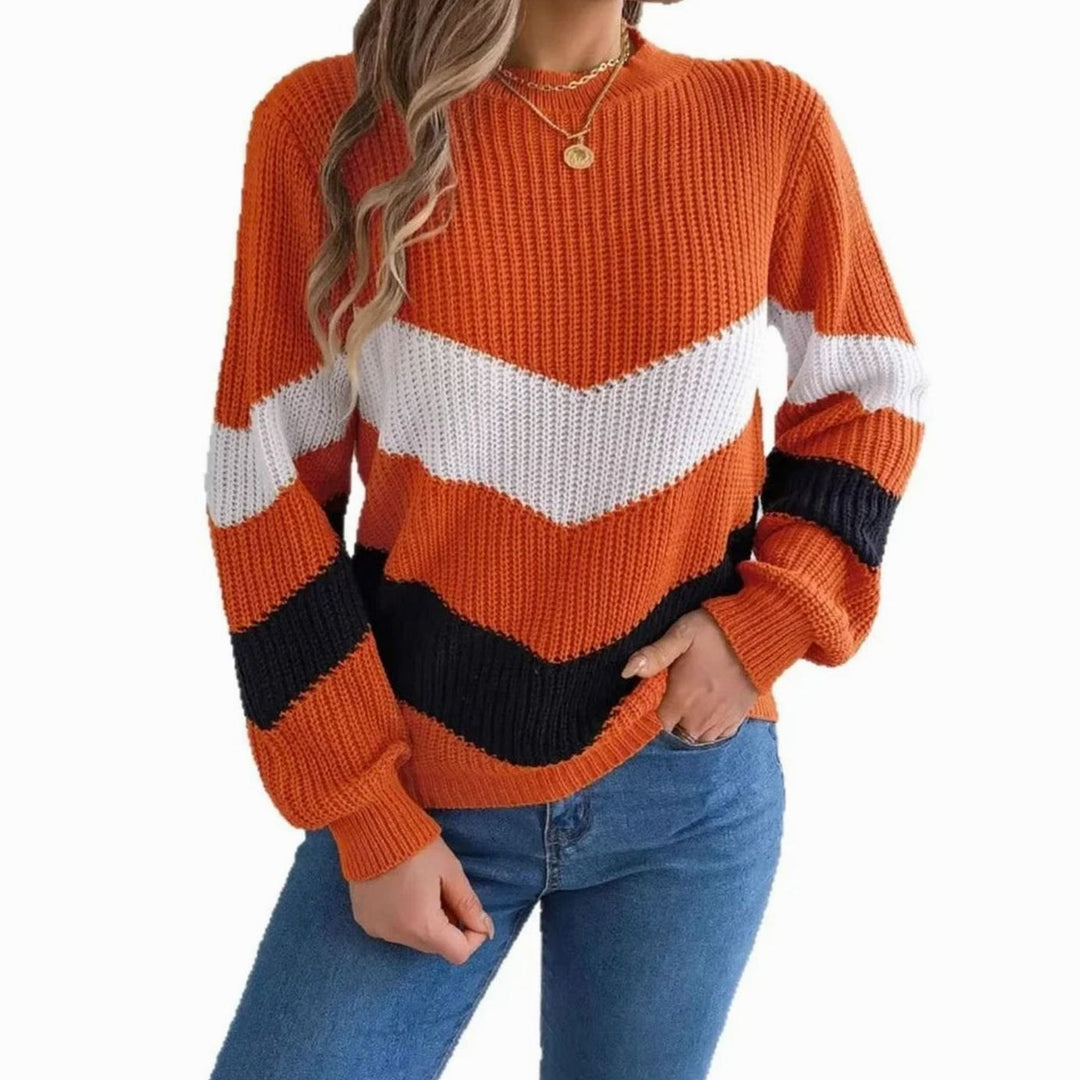 Women's Chevron Color Block Relaxed-Fit Crew Neck Knit Sweater
