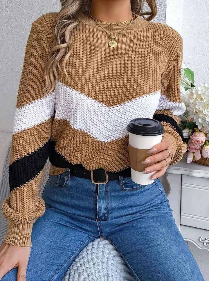 Women's Chevron Color Block Relaxed-Fit Crew Neck Knit Sweater - Khaki