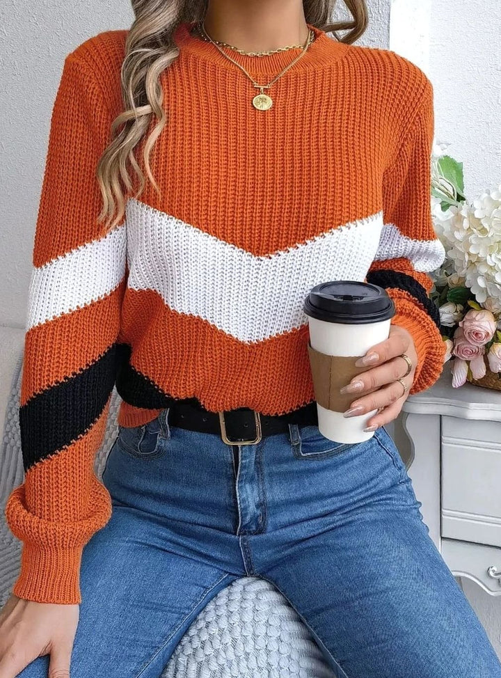 Women's Chevron Color Block Relaxed-Fit Crew Neck Knit Sweater - Orange