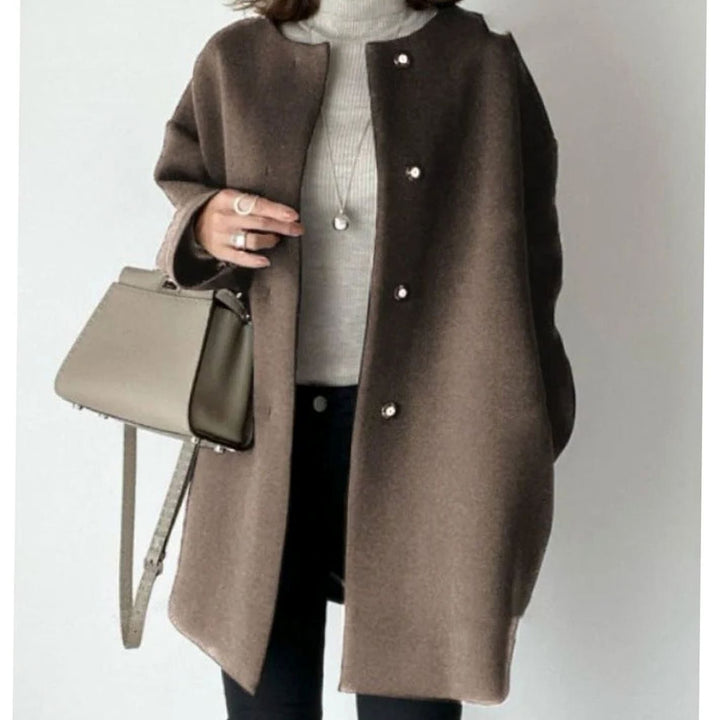 Women's Chic Winter Coat Collarless Button-Front Midi - Brown