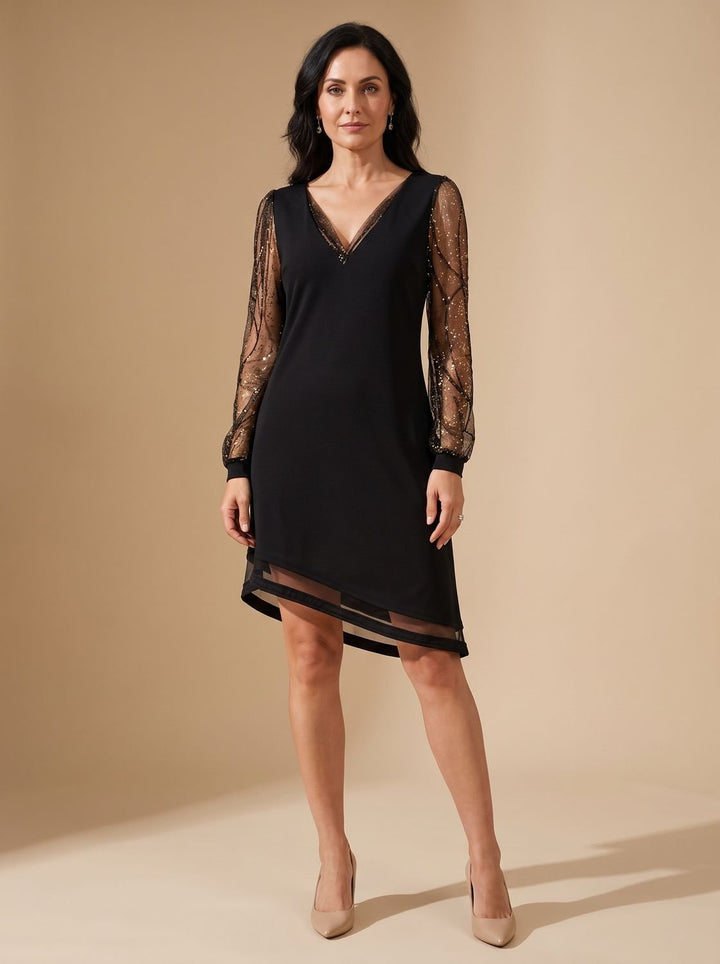 Women's Christmas Party Black Mini Dress Sheer Sequin Long Sleeves V-Neck - Black