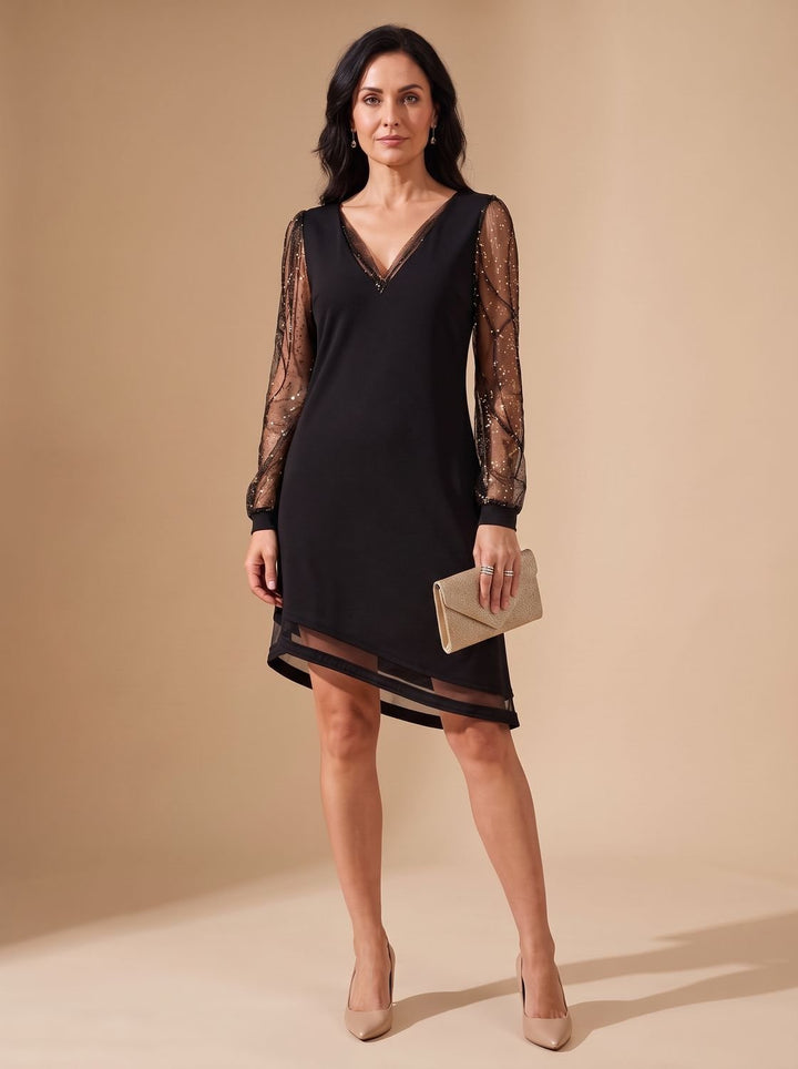 Women's Christmas Party Black Mini Dress Sheer Sequin Long Sleeves V-Neck