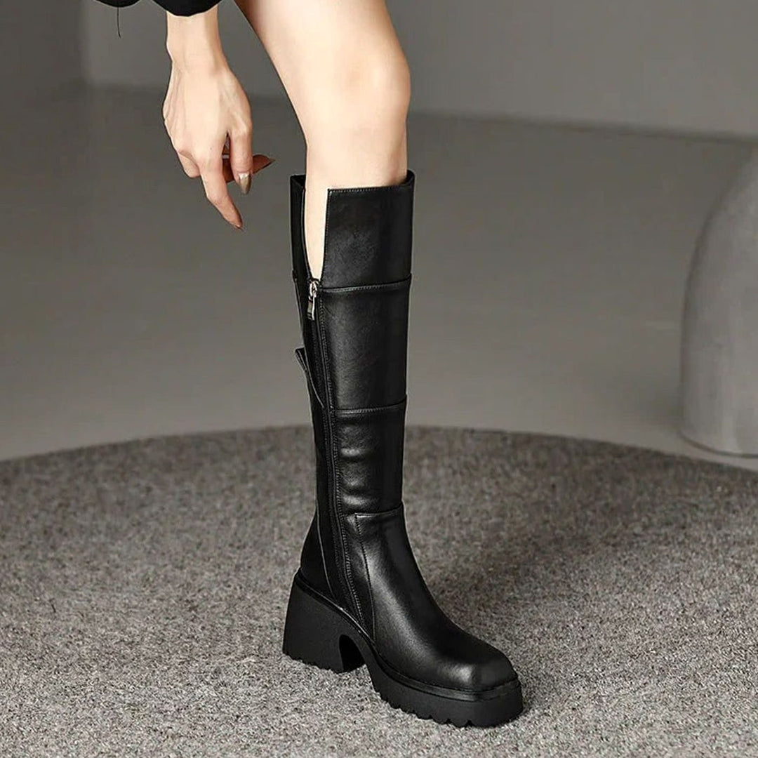 Women's Chunky Knee High Block Heel Side-Zip Boots - Black