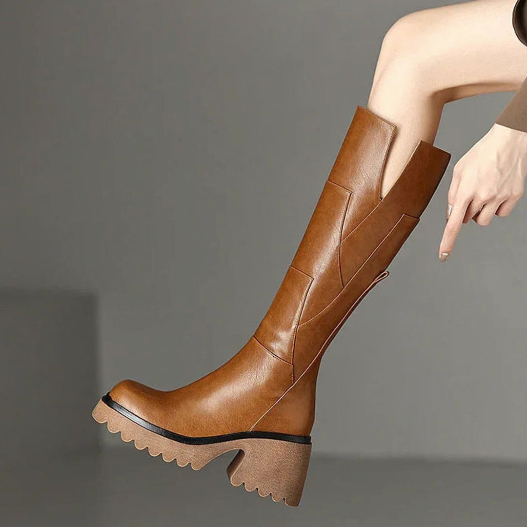 Women's Chunky Knee High Block Heel Side-Zip Boots - Brown