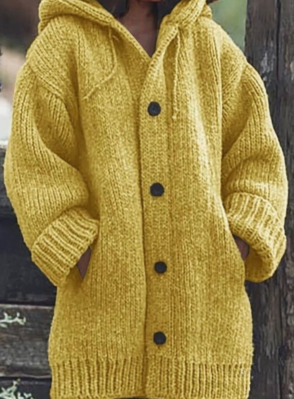 Women's Chunky Knit Hooded Oversized Cardigan with Pockets - Yellow