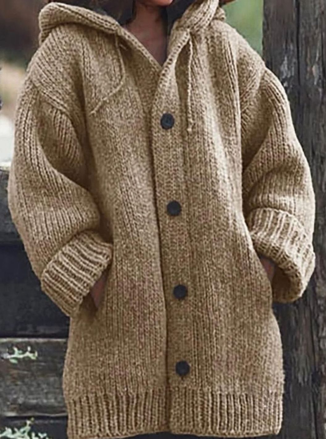 Women's Chunky Knit Hooded Oversized Cardigan with Pockets - Khaki
