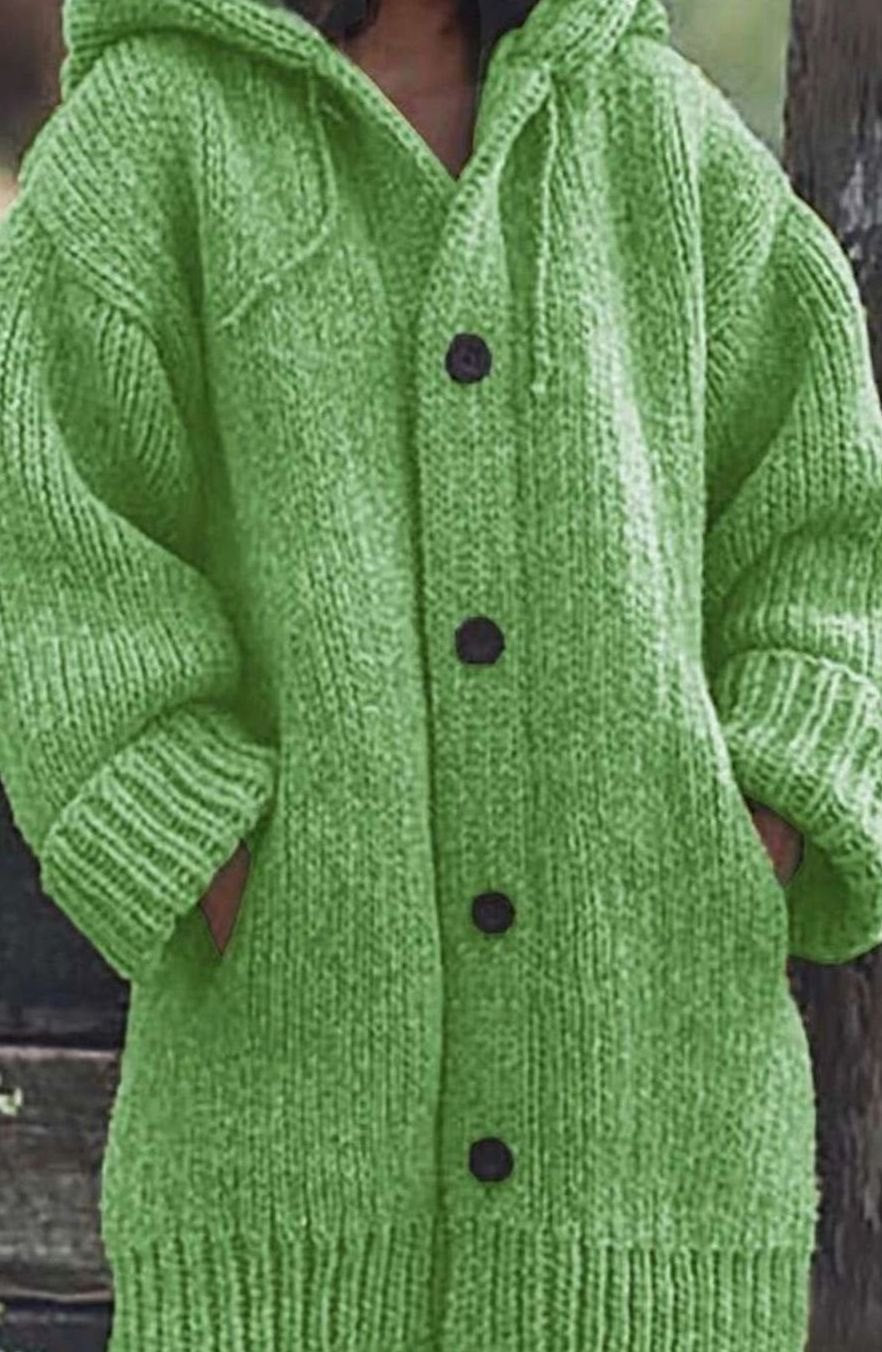 Women's Chunky Knit Hooded Oversized Cardigan with Pockets - Green