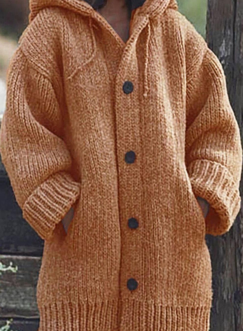 Women's Chunky Knit Hooded Oversized Cardigan with Pockets - Orange