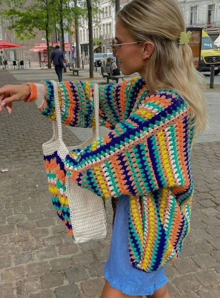 Women's Chunky Knit Rainbow Striped Open-Front Cardigan