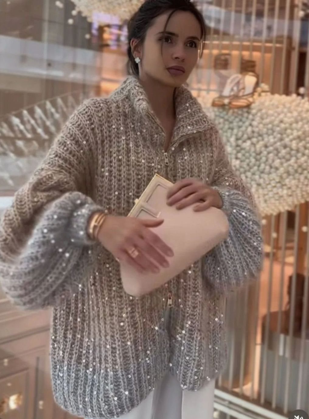 Women's Chunky Knit Sequin Zip-Collar Oversized Cardigan - Beige Gradient