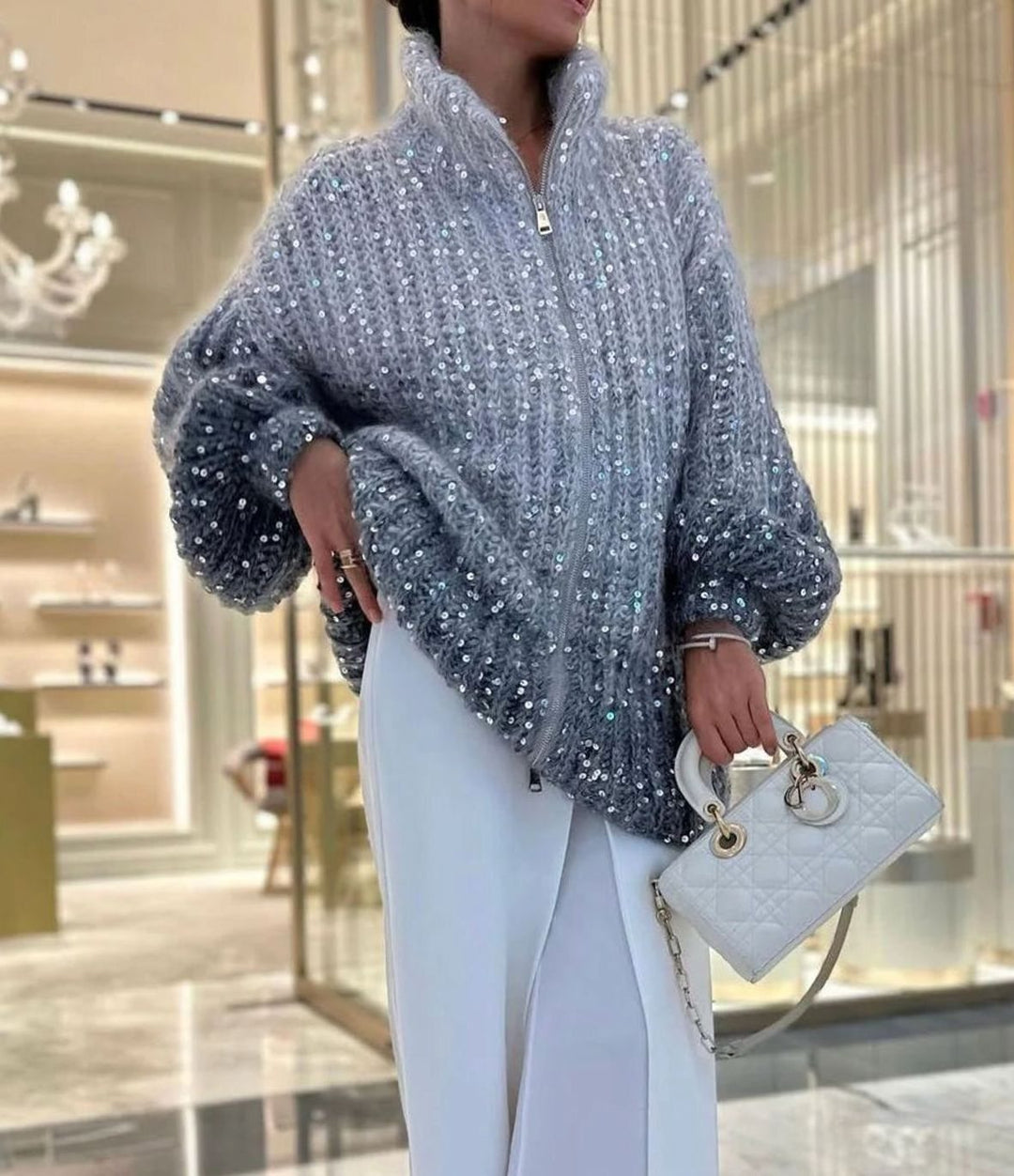 Women's Chunky Knit Sequin Zip-Collar Oversized Cardigan - Gray Gradient