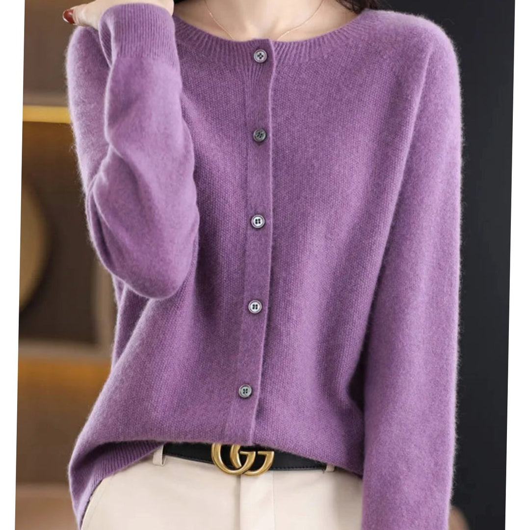 Women's Classic Button Merino Wool Crew Neck Cardigan Sweater - Purple