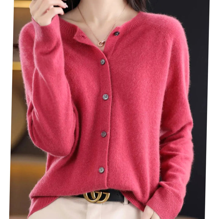 Women's Classic Button Merino Wool Crew Neck Cardigan Sweater - Dark Pink