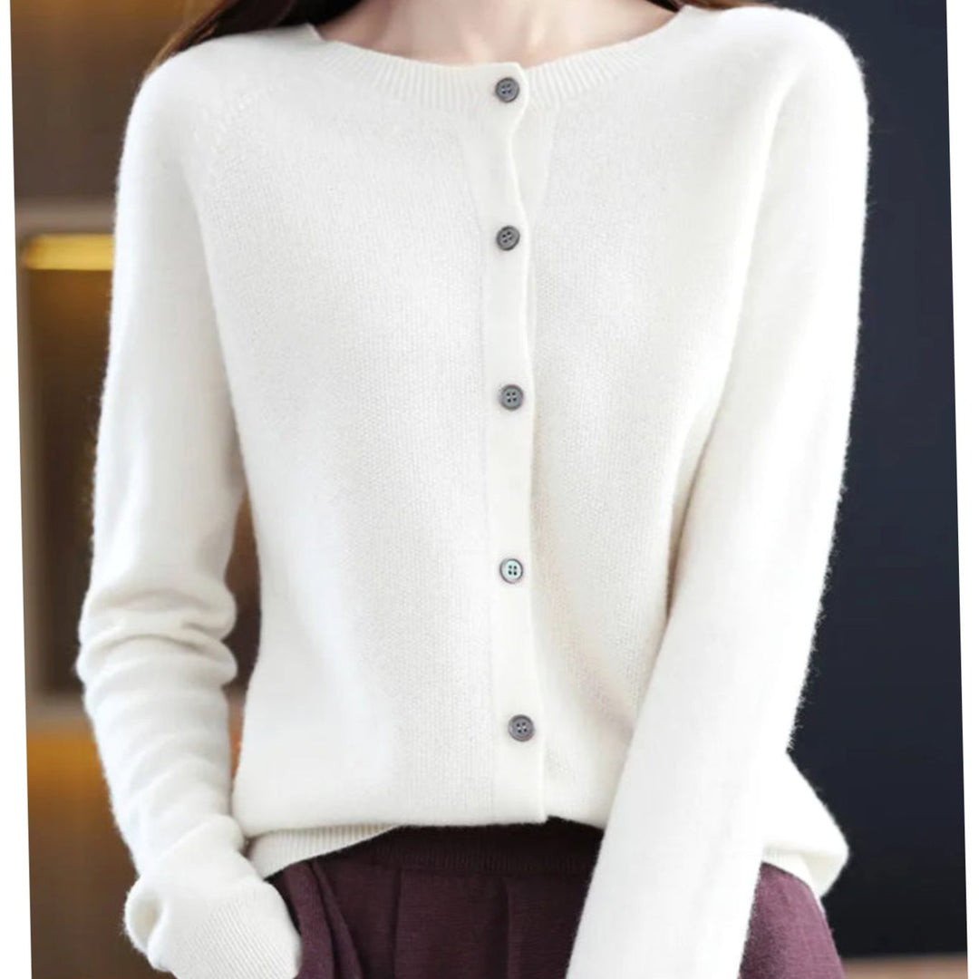 Women's Classic Button Merino Wool Crew Neck Cardigan Sweater - White
