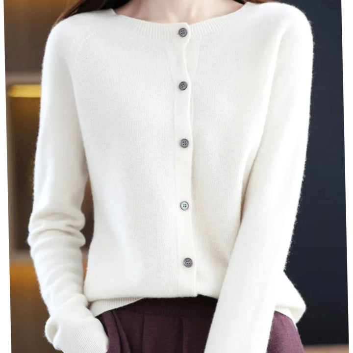 Women's Classic Button Merino Wool Crew Neck Cardigan Sweater - White