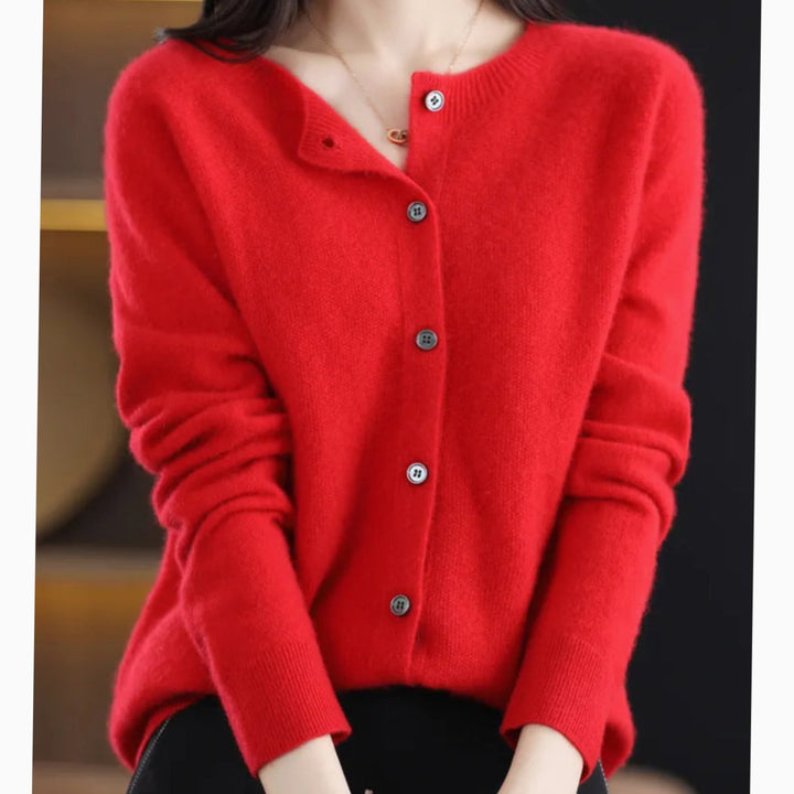 Women's Classic Button Merino Wool Crew Neck Cardigan Sweater - Red