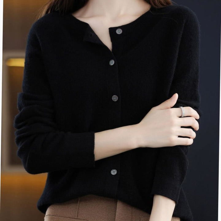 Women's Classic Button Merino Wool Crew Neck Cardigan Sweater - Black