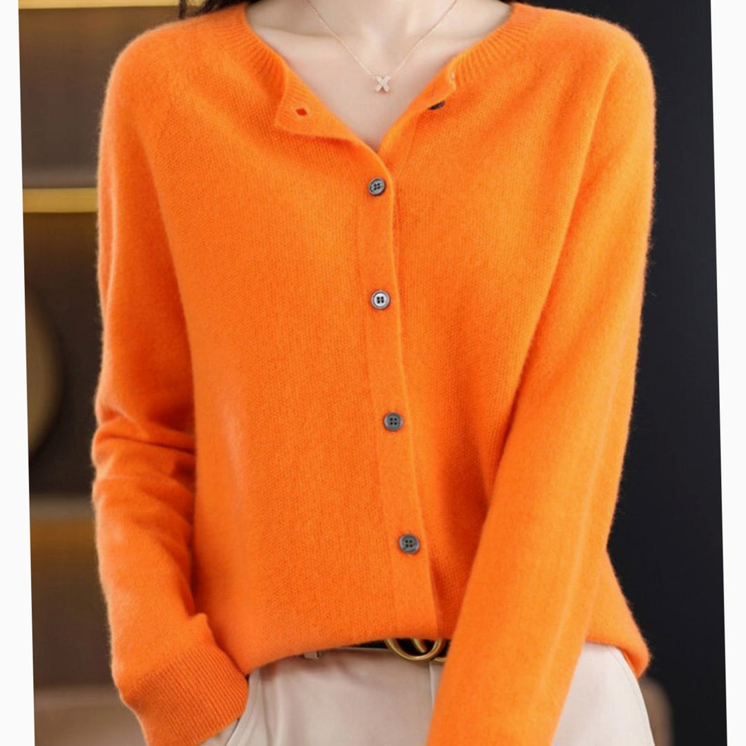 Women's Classic Button Merino Wool Crew Neck Cardigan Sweater - Orange
