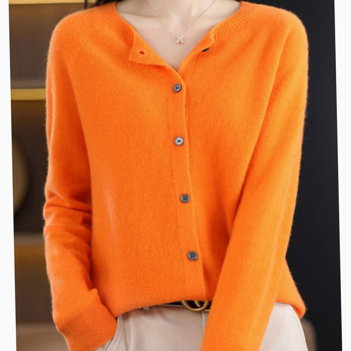 Women's Classic Button Merino Wool Crew Neck Cardigan Sweater - Orange