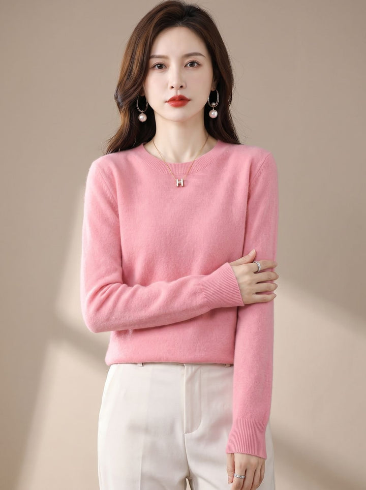 Women's Classic Crew-Neck Long-Sleeve Cashmere Knit Sweater - Pink