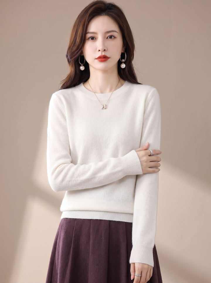 Women's Classic Crew-Neck Long-Sleeve Cashmere Knit Sweater - White