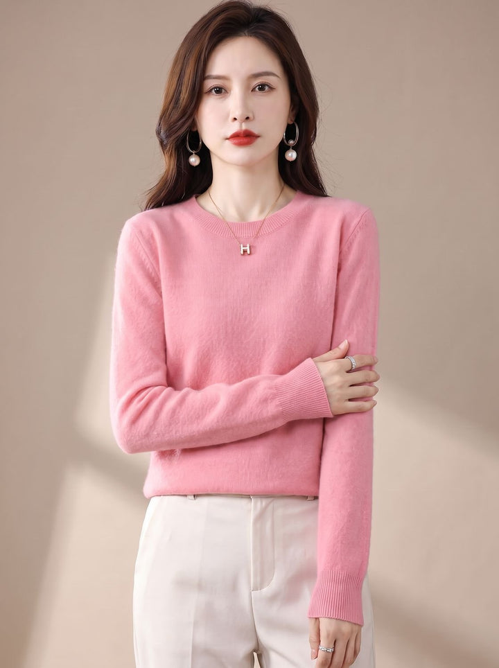 Women's Classic Crew-Neck Long-Sleeve Cashmere Knit Sweater - Light Pink