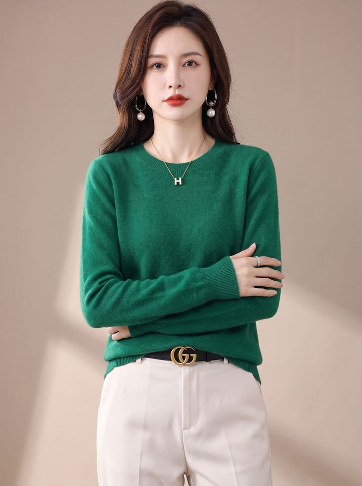 Women's Classic Crew-Neck Long-Sleeve Cashmere Knit Sweater - Dark Green
