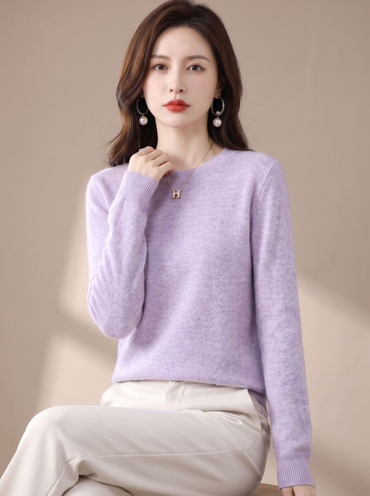 Women's Classic Crew-Neck Long-Sleeve Cashmere Knit Sweater - Light Purple