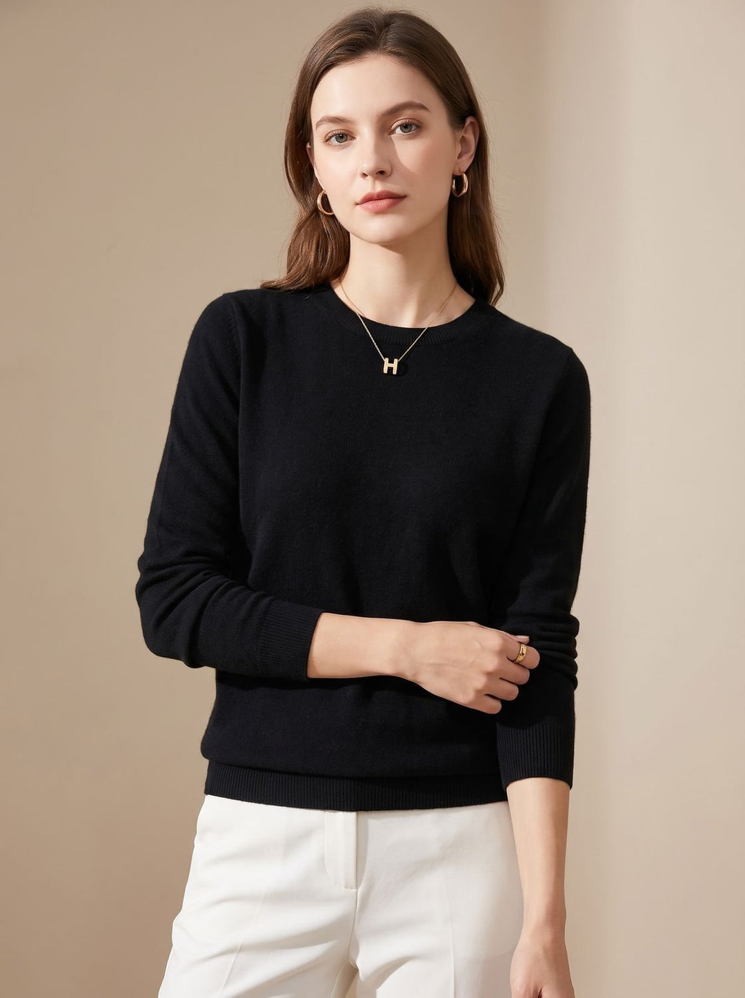 Women's Classic Crew-Neck Long-Sleeve Cashmere Knit Sweater - Black