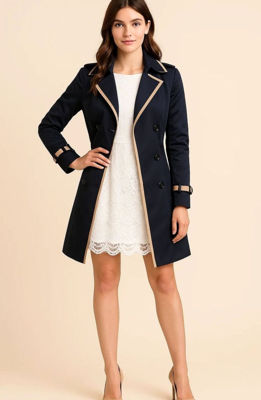 Women's Classic Double-Breasted Trench Coat Black-Piped - Navy Blue