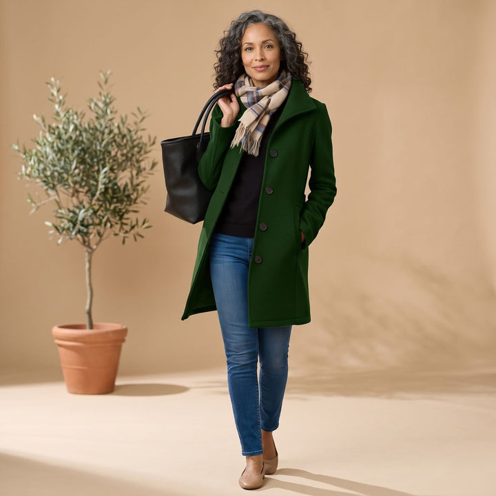 Women's Classic Mid-Length Single-Breasted Button Coat - Dark Green
