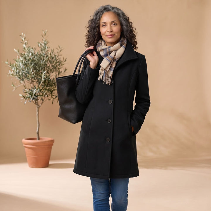 Women's Classic Mid-Length Single-Breasted Button Coat - Black