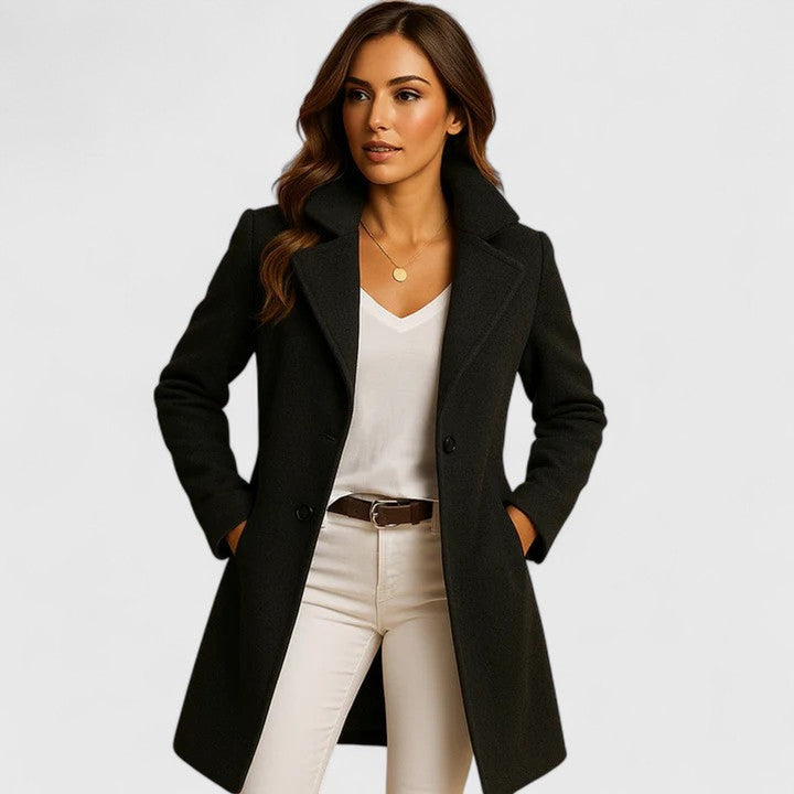 Women's Classic Notch-Lapel Button-Front Long Wool-Blend Coat - Black