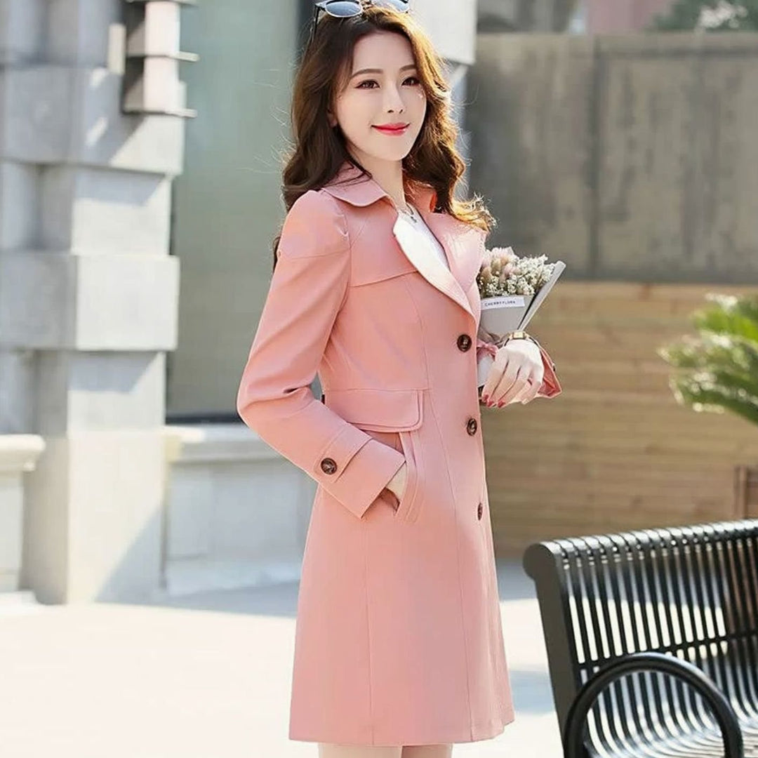 Women's Classic Single-Breasted Tailored Long Trench Coat - Pink