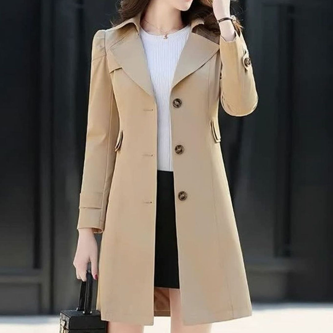 Women's Classic Single-Breasted Tailored Long Trench Coat - Khaki
