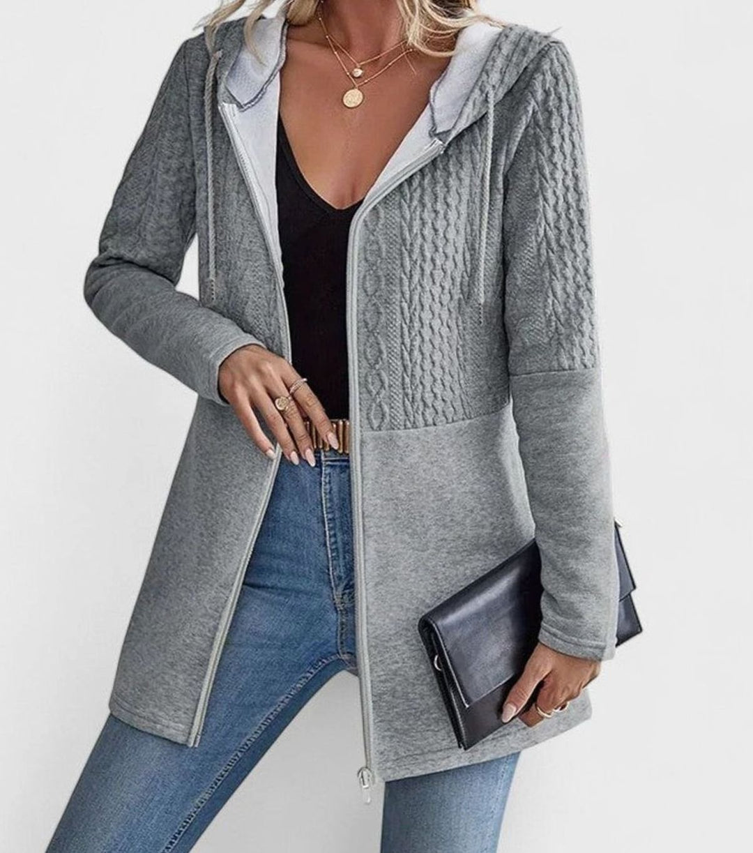 Women's Coat Cable-Knit Panel Hooded Long Zip-Up Jacket - Gray