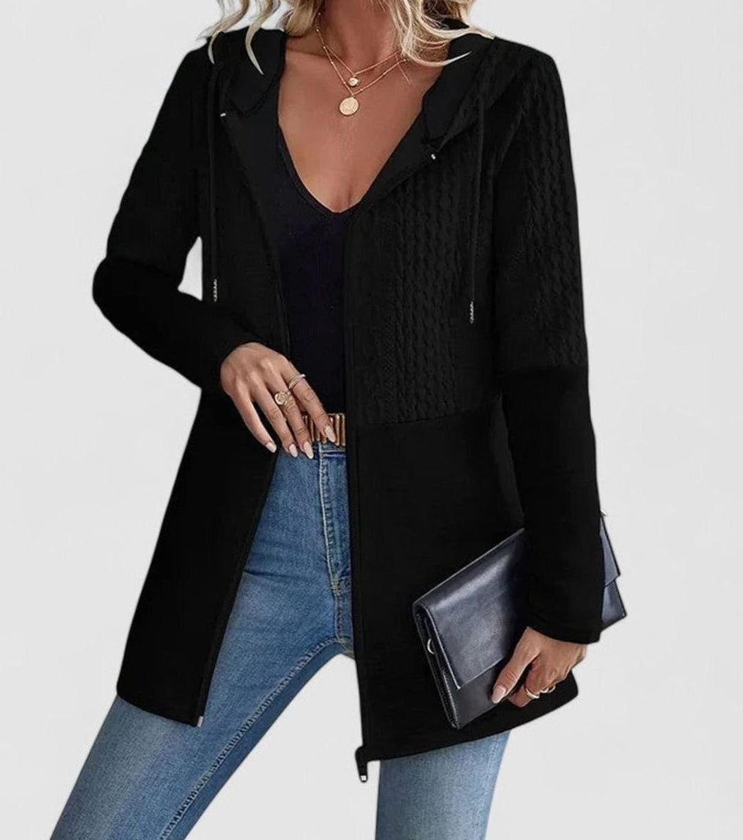 Women's Coat Cable-Knit Panel Hooded Long Zip-Up Jacket - Black