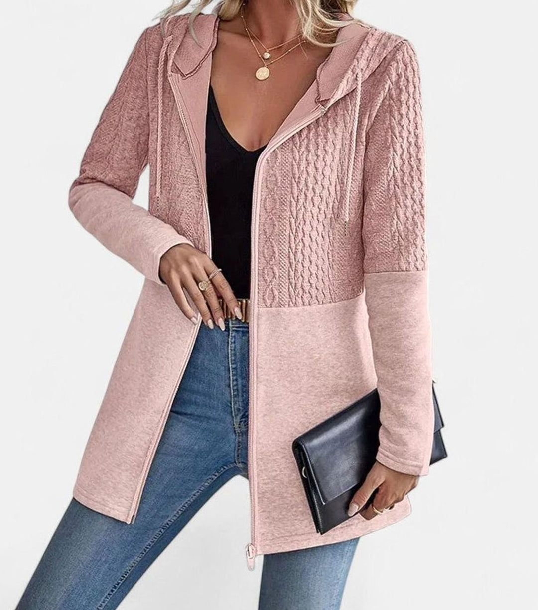 Women's Coat Cable-Knit Panel Hooded Long Zip-Up Jacket - Pink