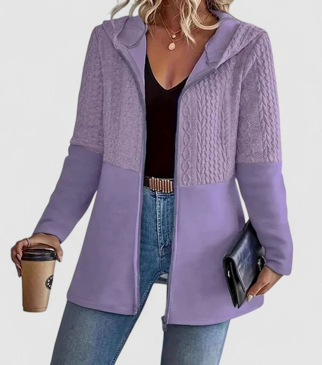 Women's Coat Cable-Knit Panel Hooded Long Zip-Up Jacket - Purple